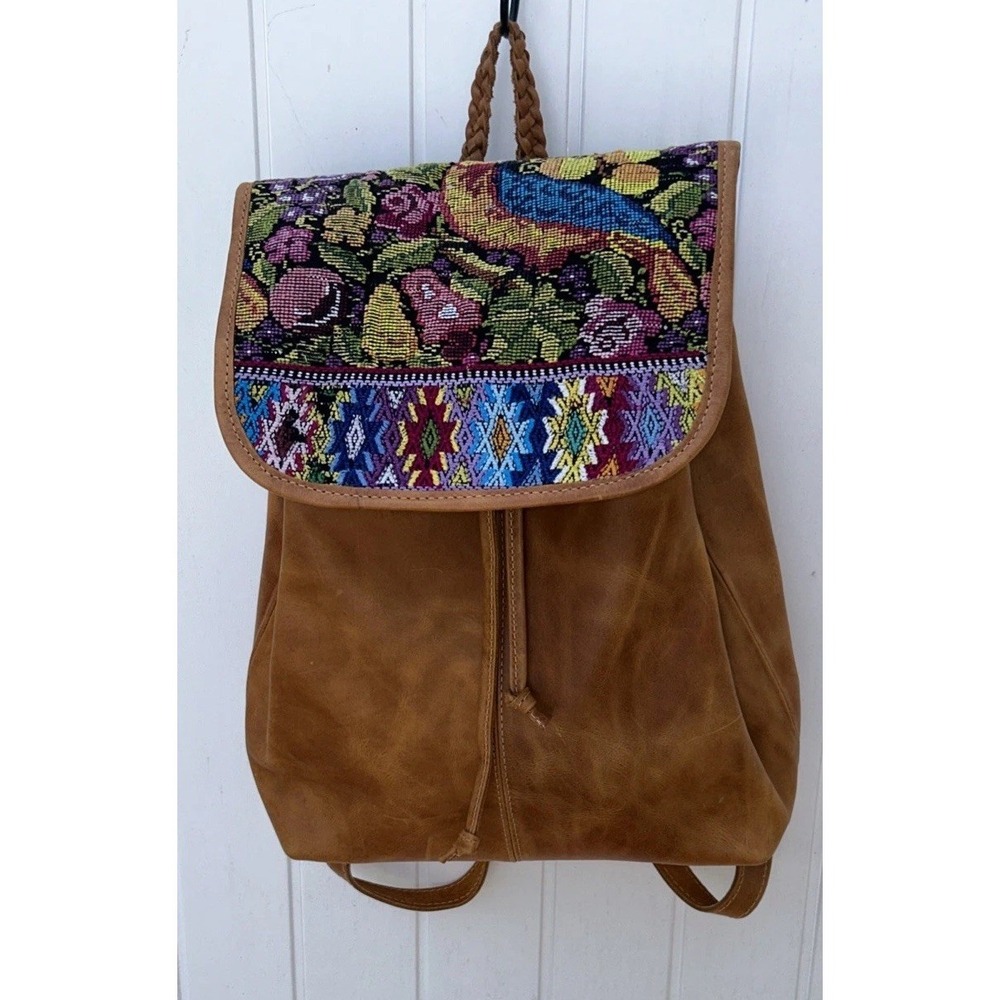 Huipil Artisian Guatamalan Leather‎ Backpack Aztec Mayan Textile Arts #6528